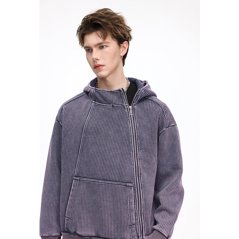 Herren Oversize Waffelstruktur-Kapuzenjacke mit hohem Schlauchkragen und diagonalem Reißverschluss Echo Archiv