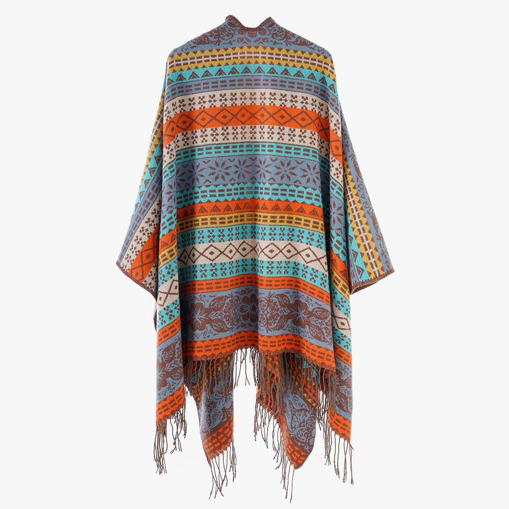 Damen Cape-Poncho mit mehrfarbigem Jacquard, offener Front und Fransensaum – Avérine