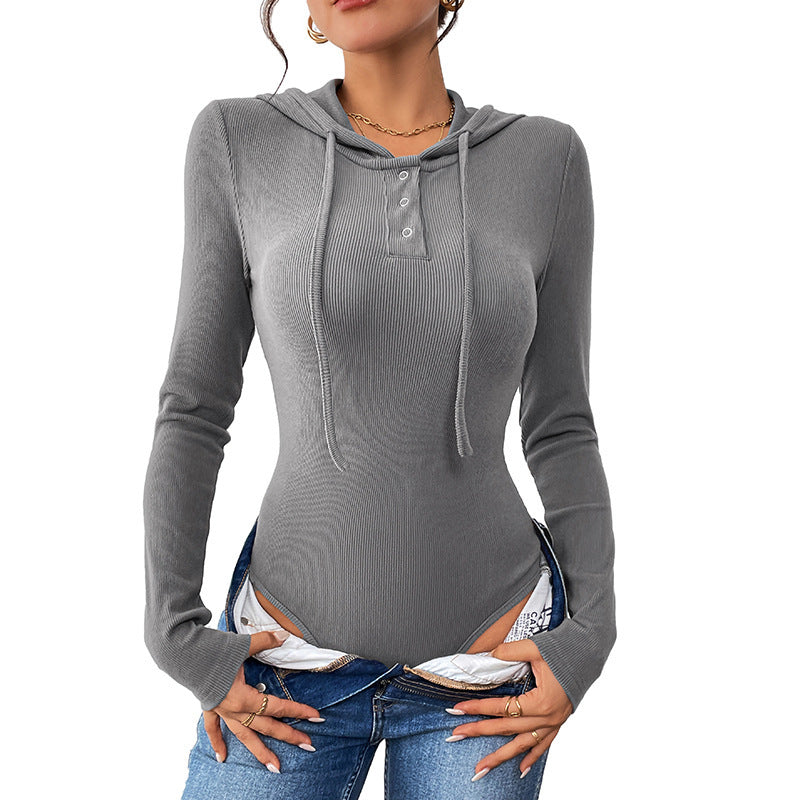 Damen Langarm Body mit Kapuze und Knopfdetail Echo Archiv