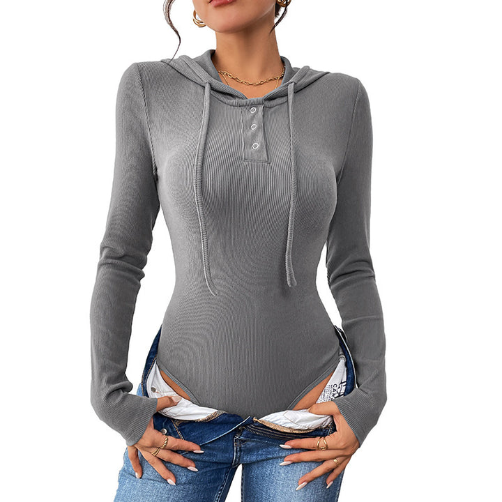 Damen Langarm Body mit Kapuze und Knopfdetail Echo Archiv