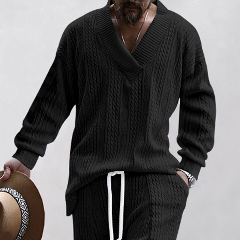 Herren Zopfstrick-Loungewear-Set mit tiefem V-Ausschnitt, Relaxed-Fit & Kordelhose – Marzano