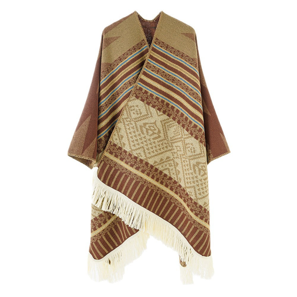 Damen Gewebter Jacquard-Poncho mit V-Ausschnitt, Ethno‑Print und Fransen – Avérine