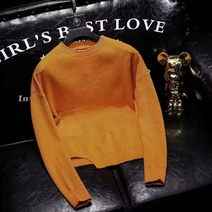 Damen Kurz geschnittener Strickpullover mit unregelmäßigem Saum und Rundhalsausschnitt Echoarchiv