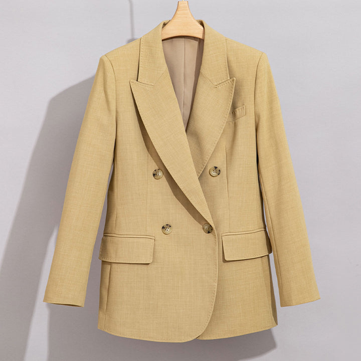 Damen Doppelreihiger strukturierter Blazer mit markantem Revers und Pattentaschen Echoarchiv