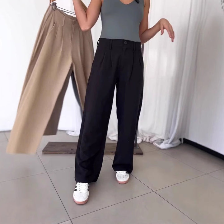 Damen nan elegante sakkoinspirierte Bundfaltenhose mit hoher Bundpassform geradem weitem Bein und Eingrifftaschen Echo Archiv