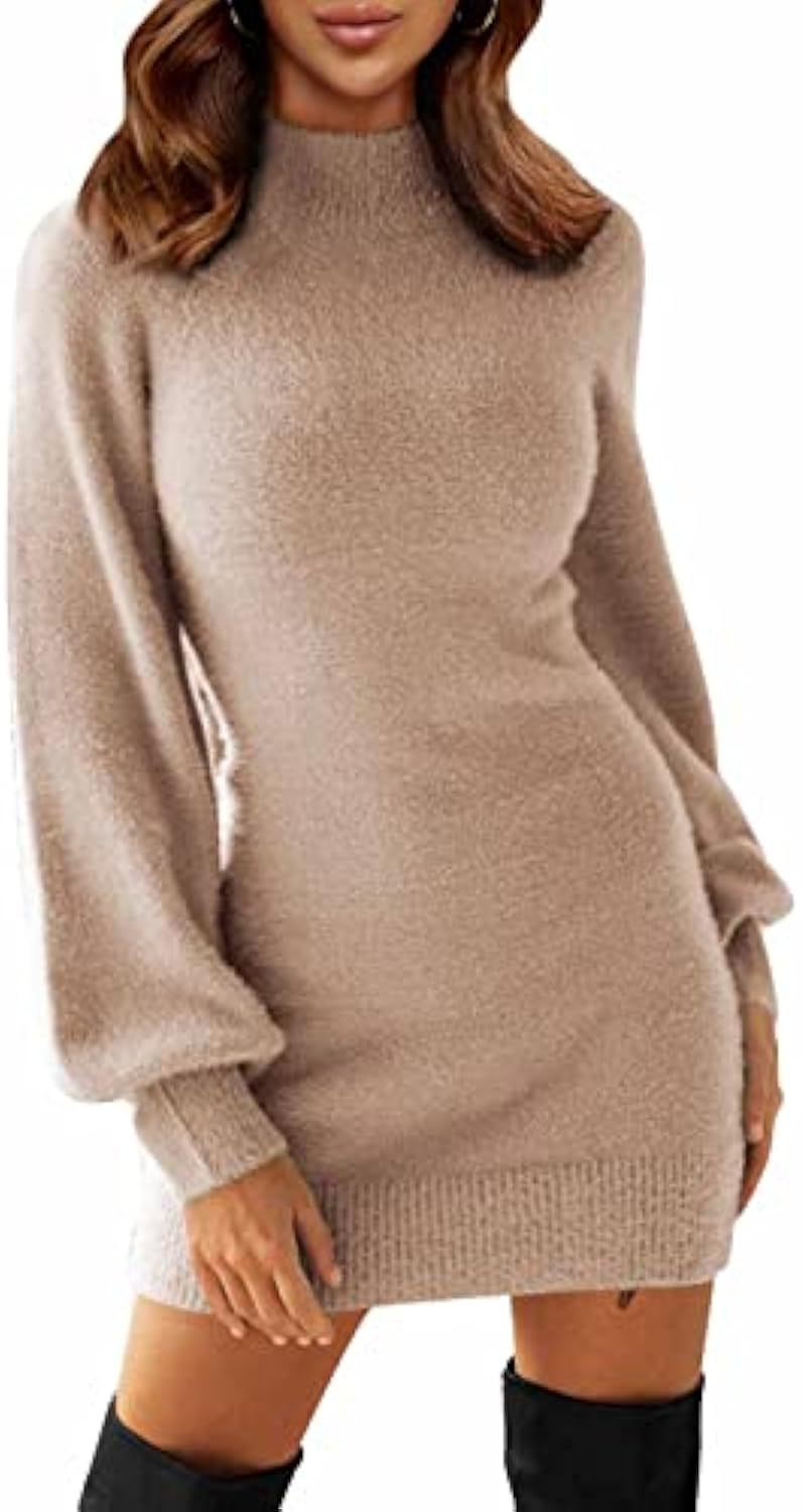 Damen Tailliertes Teddy-Strick-Minikleid mit Stehkragen und Ballonärmeln – Élara