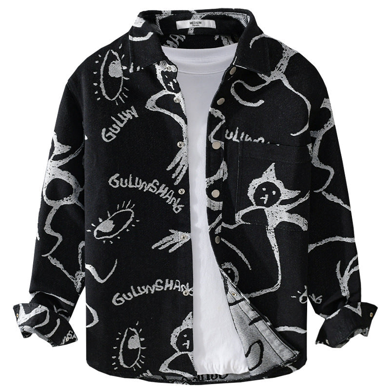 Herren Overshirt mit grafischem Doodle‑Print, Druckknopfverschluss und Brusttasche Echoarchiv