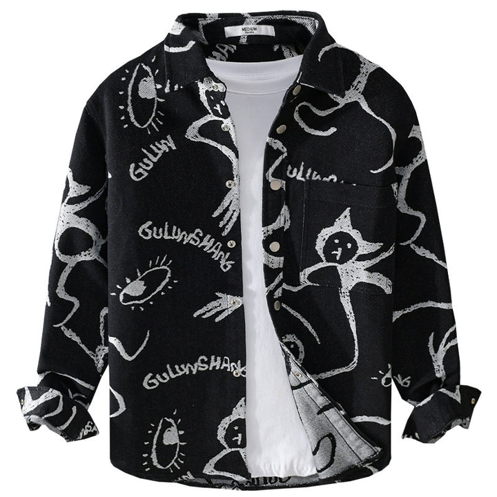 Herren Overshirt mit grafischem Doodle‑Print, Druckknopfverschluss und Brusttasche Echoarchiv