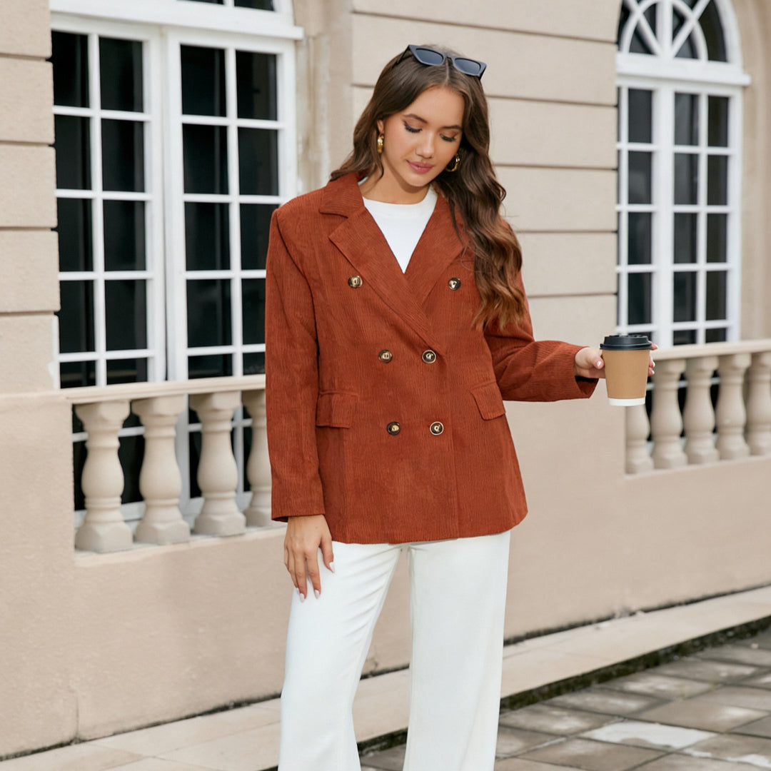 Damen Langer Cord-Blazer im Doppelreiher mit Reverskragen und Pattentaschen Echoarchiv