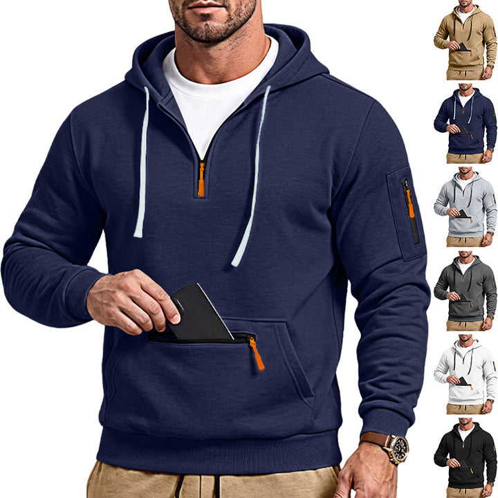Herren sportlicher Kapuzenpullover mit halbem Reißverschluss und verschließbarer Kängurutasche – Cavarno