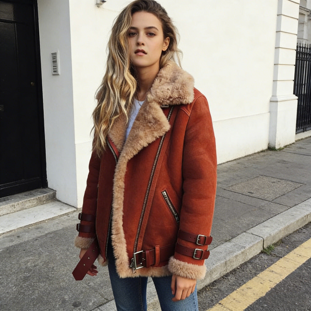 Damen nan flauschige Bikerjacke mit Teddyfutter und Schnallenbesatz Echo Archiv