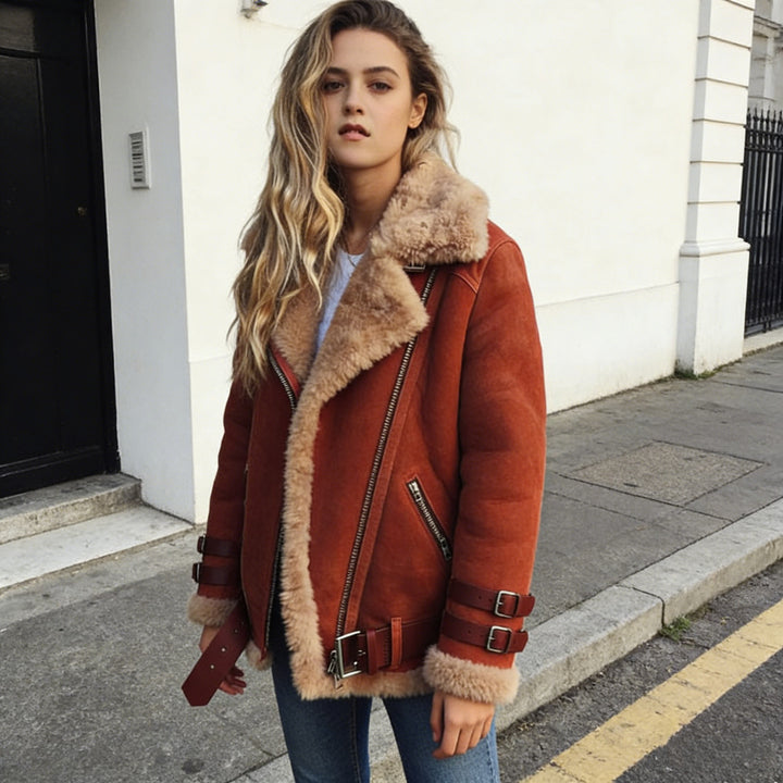Damen nan flauschige Bikerjacke mit Teddyfutter und Schnallenbesatz Echo Archiv