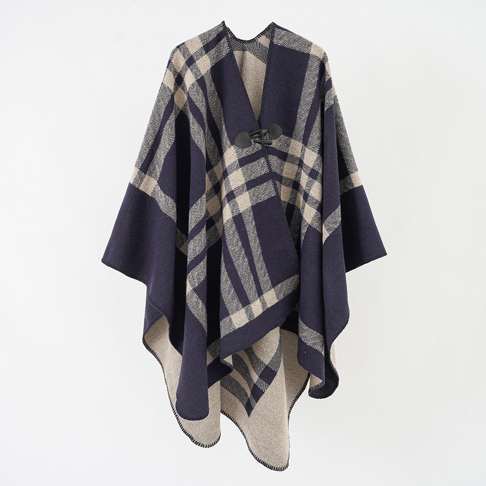 Damen Reversibler Wollmix-Poncho mit Knebelverschluss und Karomuster Echo Archiv
