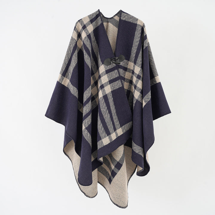 Damen Reversibler Wollmix-Poncho mit Knebelverschluss und Karomuster Echo Archiv