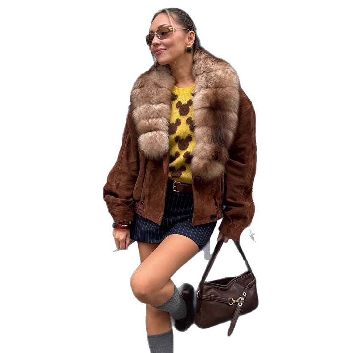 Damen Wildleder-Bomberjacke mit voluminösem Pelzschal und elastischem Saum Echoarchiv