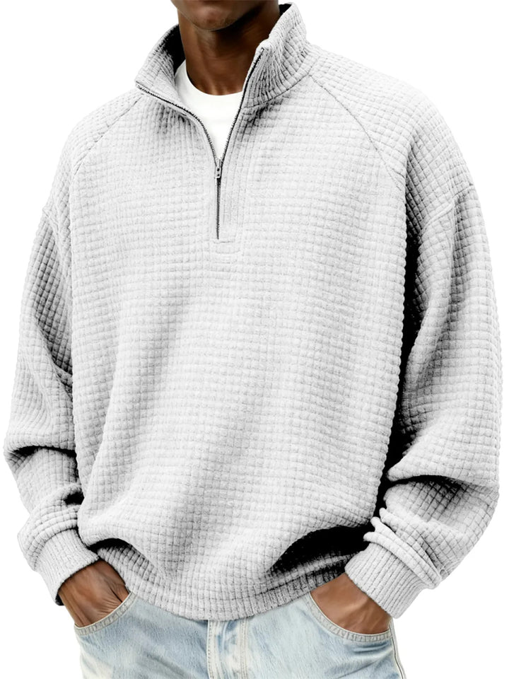 Herren Waffelstrick-Oversize-Pullover mit Halbreißverschluss und Stehkragen Echoarchiv