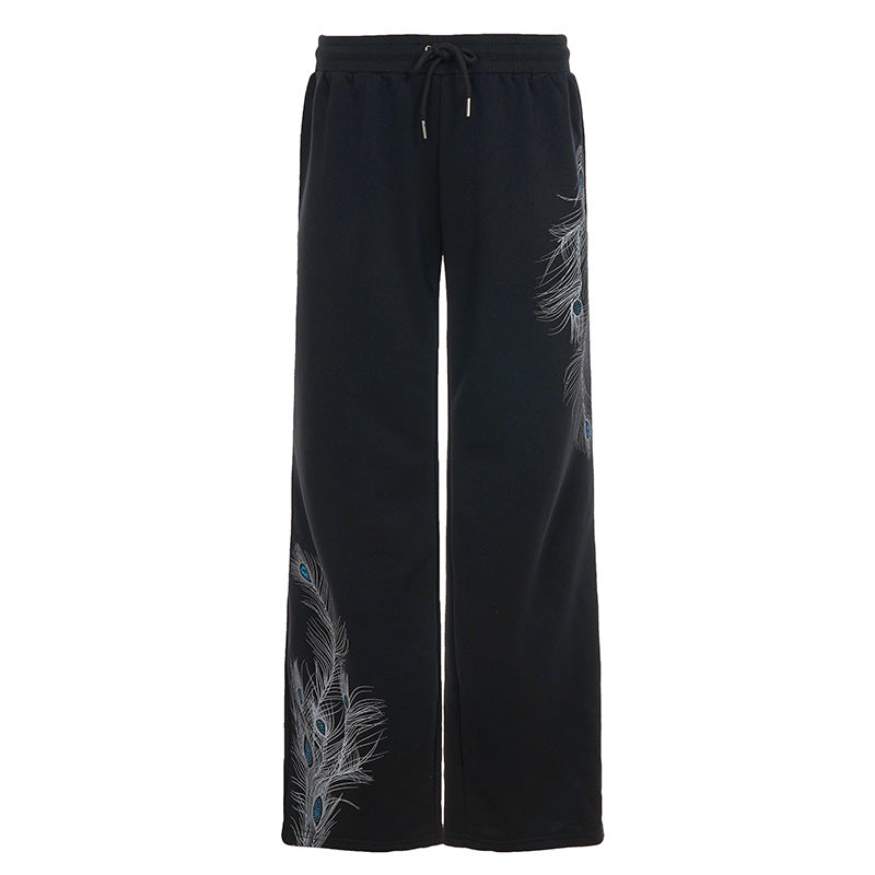 Damen nan weite Loungehose mit Kordelzug, hohem Komfortbund und Pfauenfeder-Print Echo Archiv