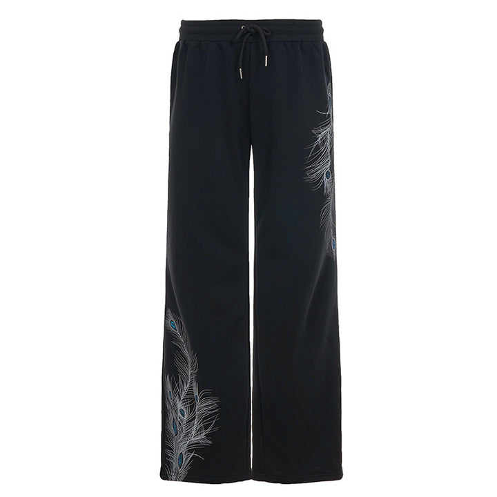 Damen nan weite Loungehose mit Kordelzug, hohem Komfortbund und Pfauenfeder-Print Echo Archiv
