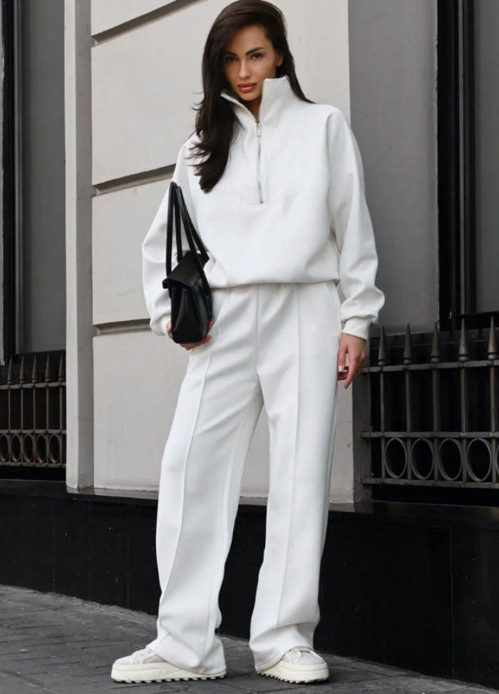 Damen Oversize-Halbreißverschluss-Sweatshirt mit weit geschnittener hochgeschnittener Palazzo-Hose – Élanora