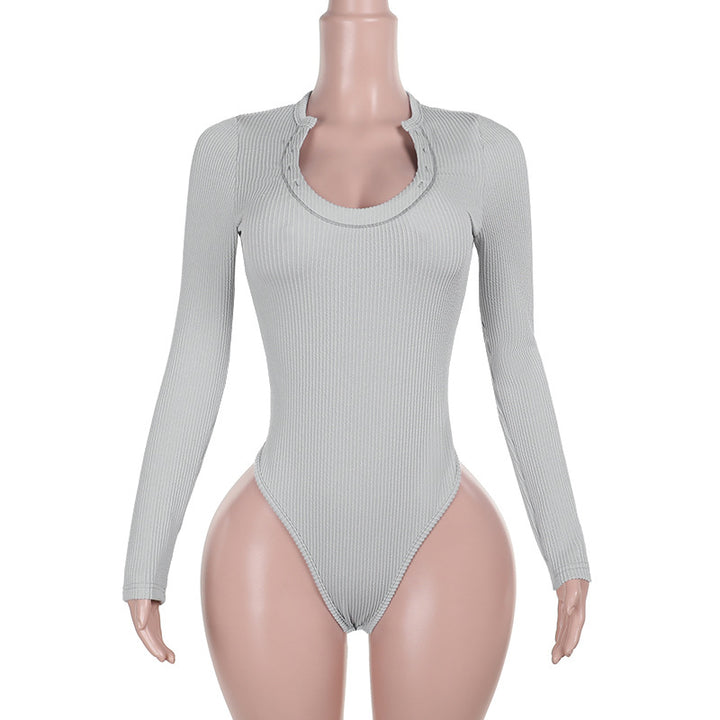 Damen Figurbetonter Rippshirt-Body mit langen Ärmeln und hohem Beinschnitt – Bodéline