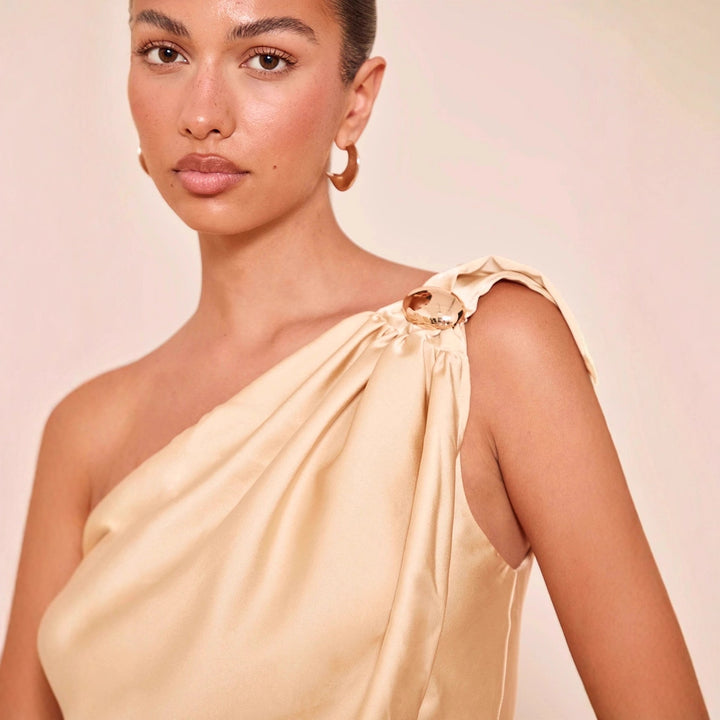 Damen asymmetrisches Satin-Oberteil mit drapiertem Abschluss Echo Archiv