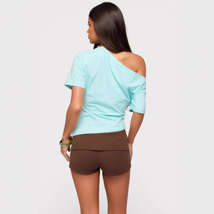 Damen asymmetrisches Oberteil mit schulterfreiem Design und kurzen Ärmeln Echo Archiv