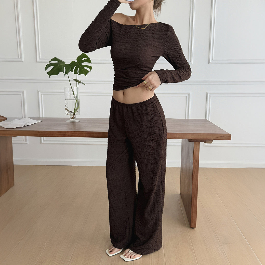 Damen nan legeres Crinkle-Lounge-Set mit Off-Shoulder Crop-Top und weiten High-Waist Palazzohose Echo Archiv