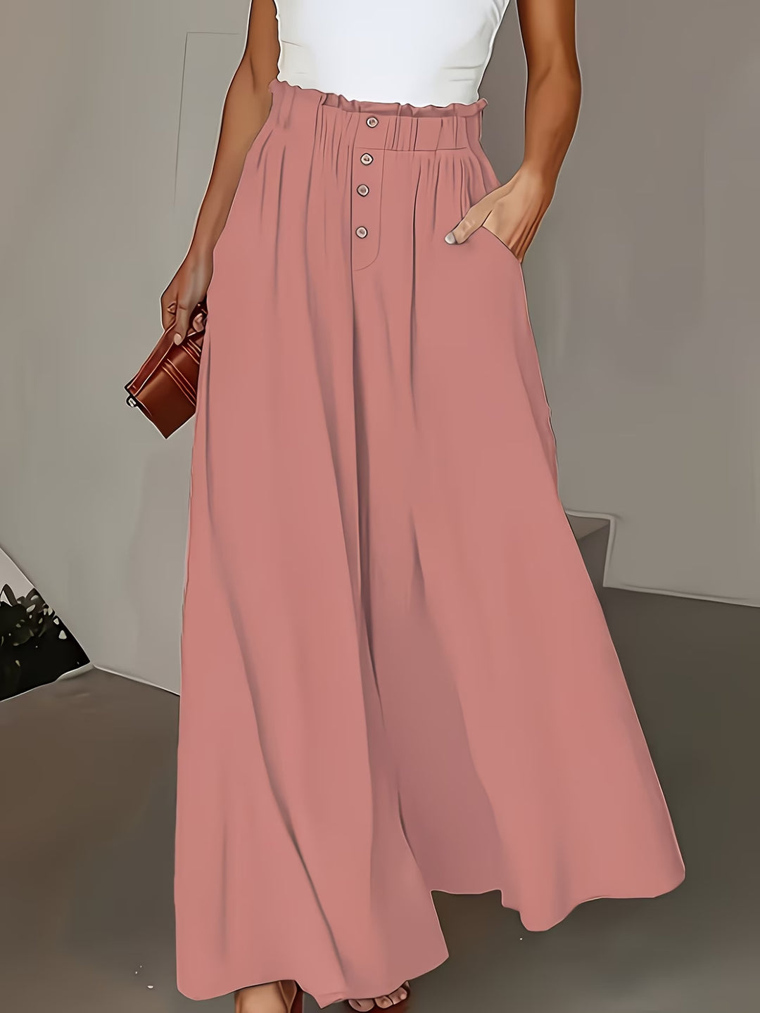 Damen weite Leinenhose mit hohem, gerafftem Bund und Knopfverzierung Echo Archiv