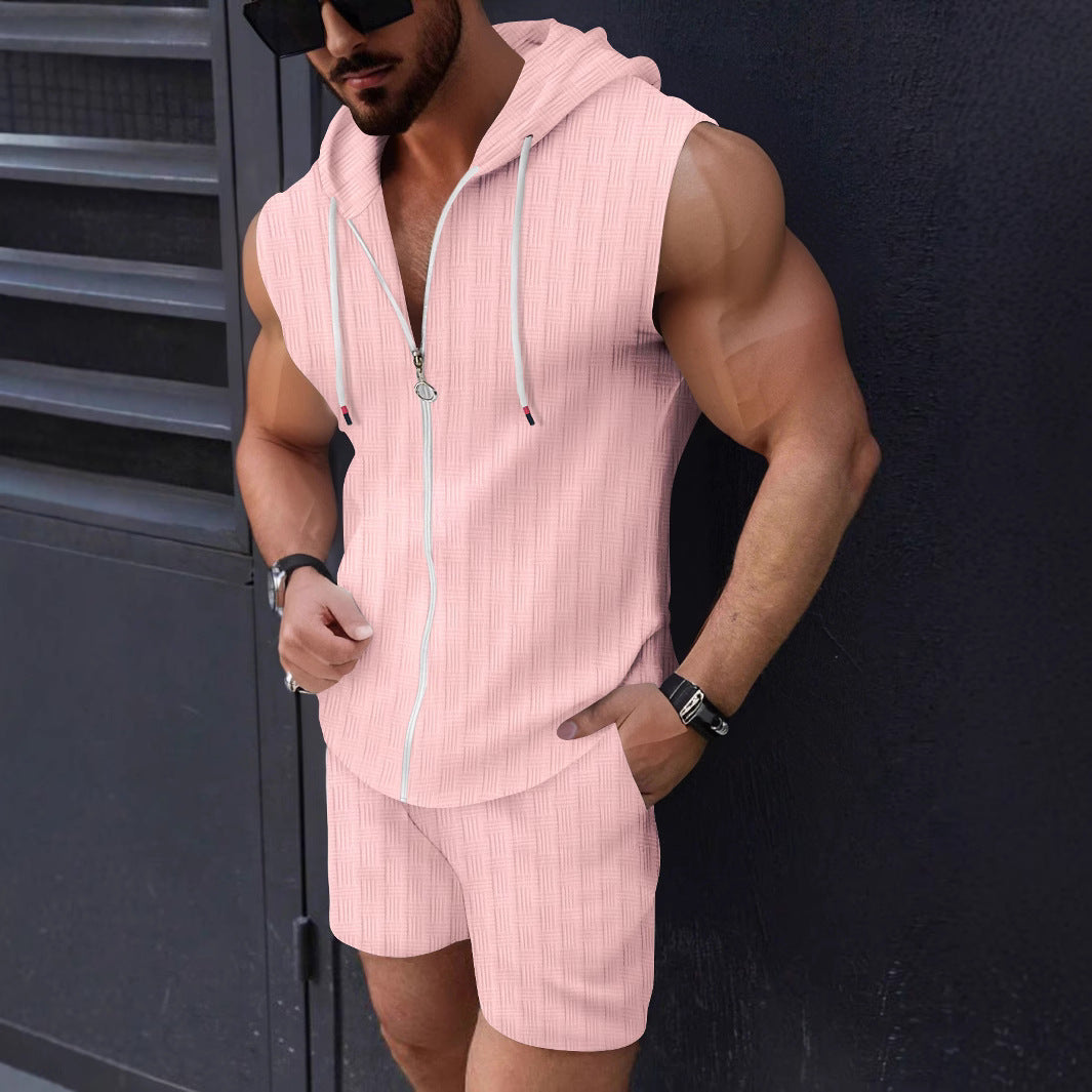 Herren ärmelloses Kapuzenshirt mit Reißverschluss und Shorts Echoarchiv
