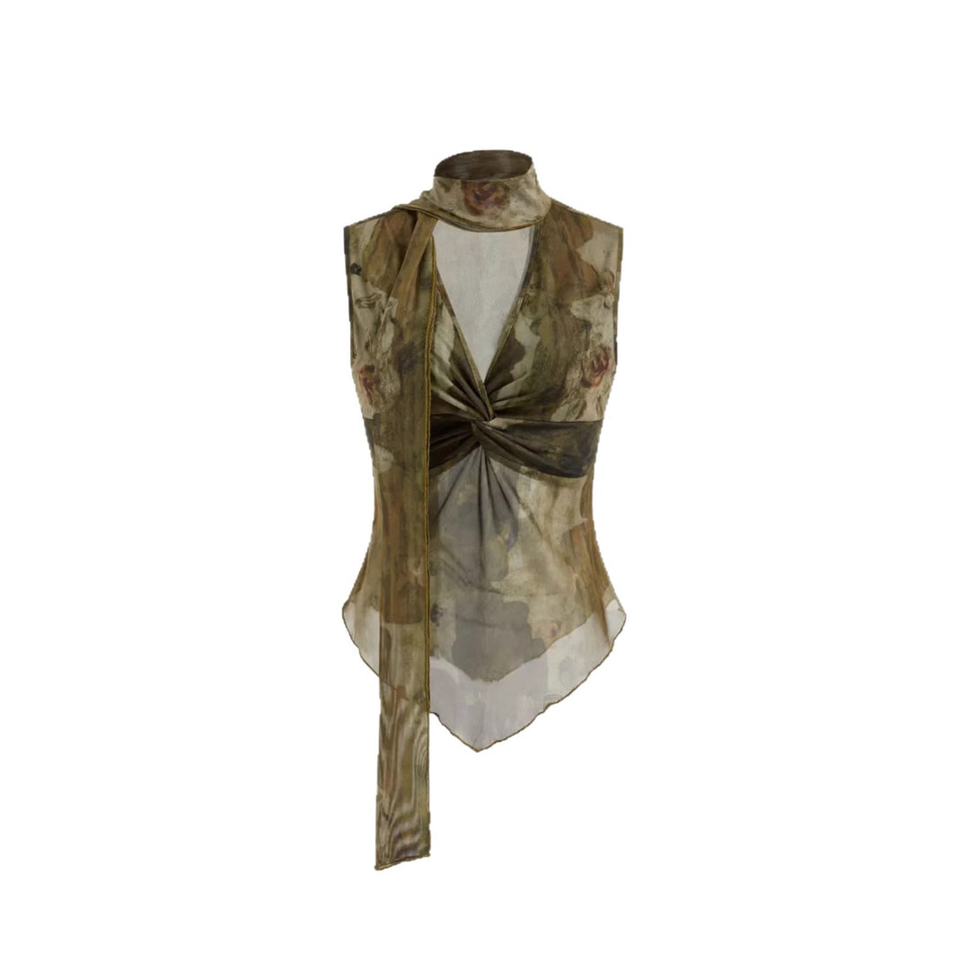 Damen Elegantes Top mit verstellbarem Kragen und transparenten Akzenten Echo Archiv
