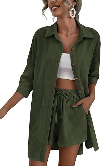 Damen Leichtes Longline-Hemdjacken-Set mit elastischer High-Waist-Shorts – Élanora