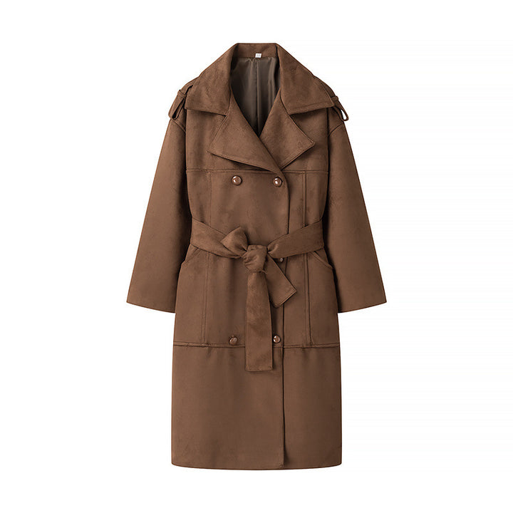 Damen taillierter veganer Trenchcoat mit Schalkragen, Bindegürtel und Schulterriegeln – Montévia