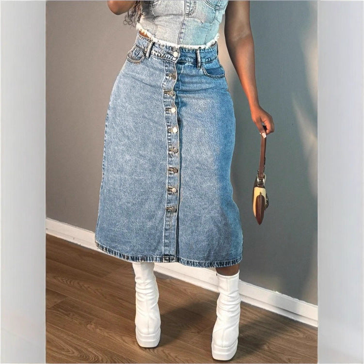 Damen A-Linien Denim-Midirock mit taillenhohem Bund und durchgehender Knopfleiste Echo Archiv