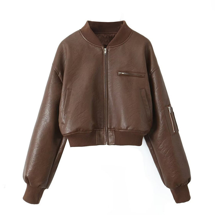 Damen Cropped-Bomberjacke in Vintage-Lederoptik mit Ärmeltasche und breitem Rippbündchen Echo Archiv