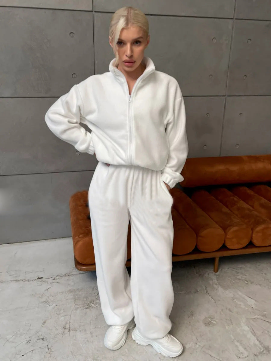 Damen ultrasoftes Microfleece-Set mit kurzer Stehkragen-Zipjacke und weitem High‑Waist Loungehose – Auréline