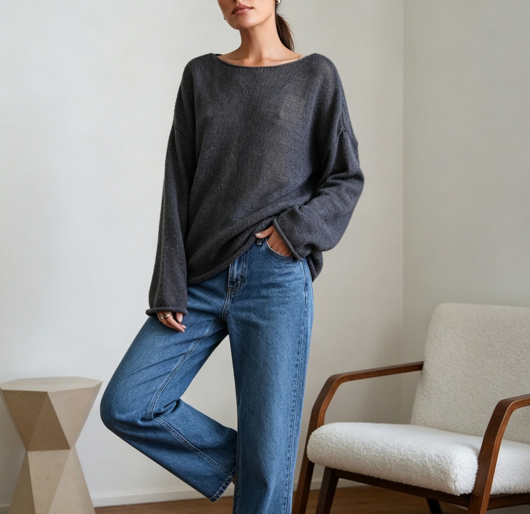 Damen luftiger Oversize-Feinstrickpullover mit weitem Arm und Rundhalsausschnitt – Mavelle