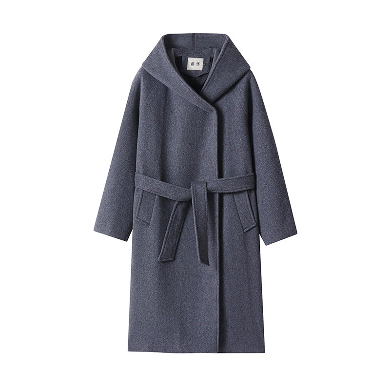 Damen Maxi-Mantel mit überzogener Kapuze, Bindegürtel und minimalistischer Wollmix‑Silhouette Echoarchiv