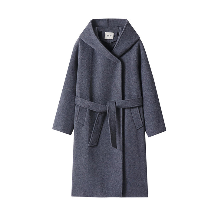 Damen Maxi-Mantel mit überzogener Kapuze, Bindegürtel und minimalistischer Wollmix‑Silhouette Echoarchiv