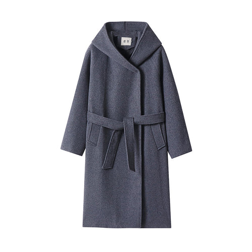 Damen Maxi-Mantel mit überzogener Kapuze, Bindegürtel und minimalistischer Wollmix‑Silhouette Echoarchiv