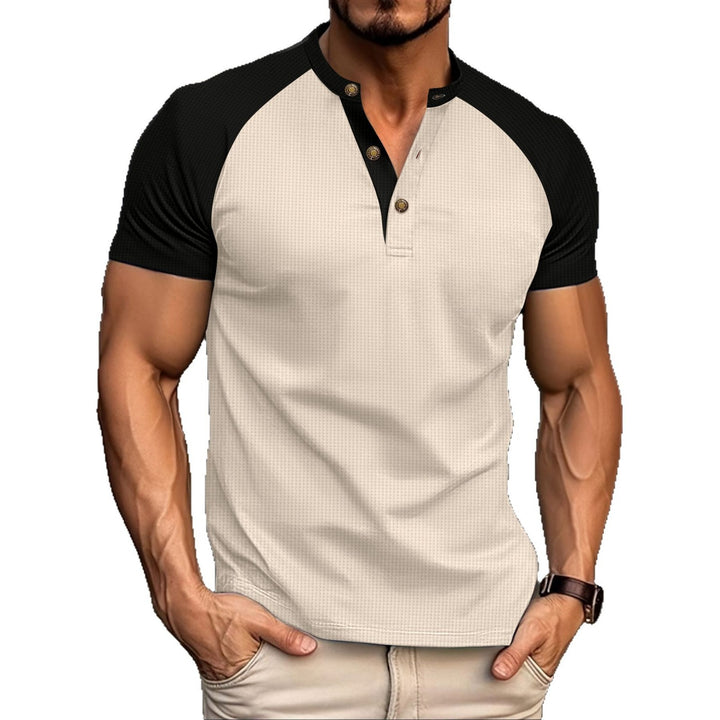 Herren Kurzarm Poloshirt mit modischer Knopfleiste und kontrastierenden Ärmeln Echoarchiv
