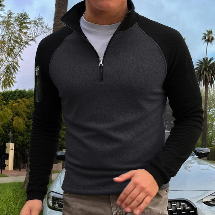 Herren slimfit Halbzip-Pullover mit Raglanärmeln, Waffelstruktur und Ärmeltasche – Marzano