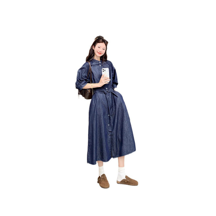 Damen Jeans-Midikleid mit durchgehender Knopfleiste, Taillengürtel und 3/4-Ärmeln – Élara