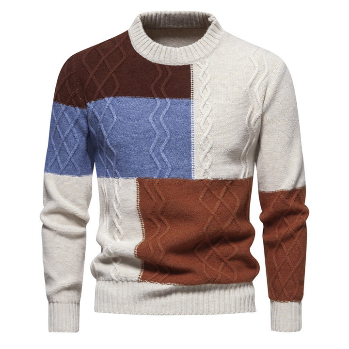 Herren Strickpullover mit modernem Zopfmuster und buntem Blockdesign Echoarchiv