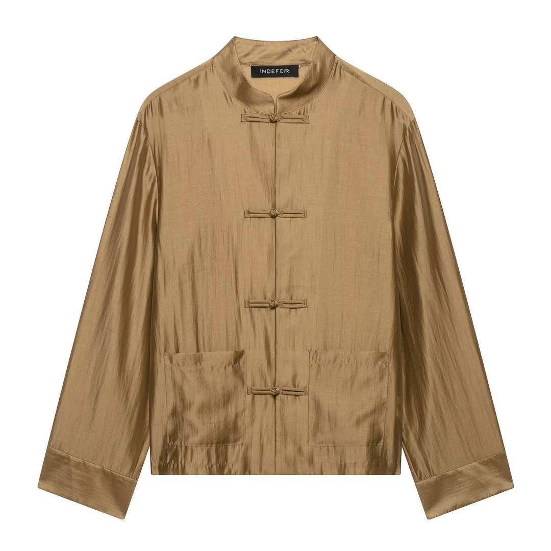 Damen Chinesisch-inspirierte Hemdjacke mit Stehkragen und Knotenknöpfen Echo Archiv