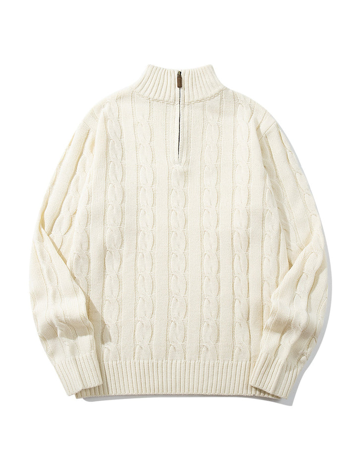 Unisex Zopfmuster-Halbzip-Pullover mit hohem Rippkragen und Oversize-Schnitt Echoarchiv