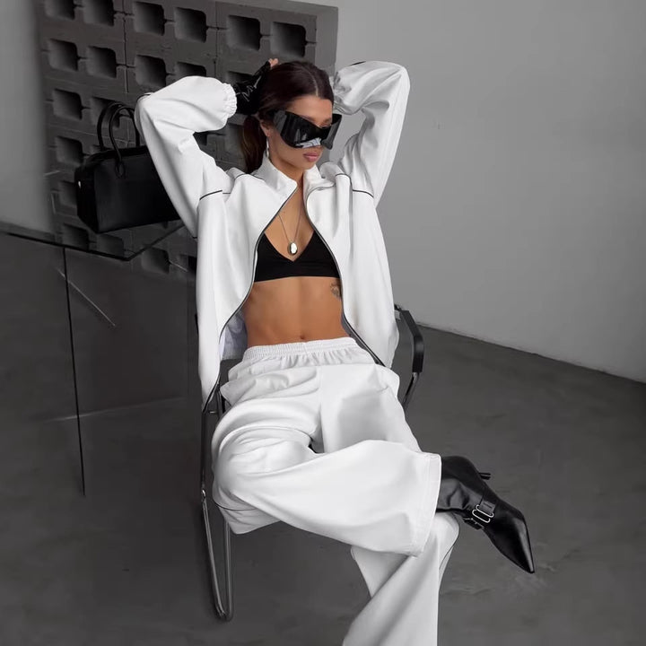 Damen Zweiteiliges Loungewear-Set mit Stehkragen-Zipjacke und weiter Bundfaltenhose – Élanora