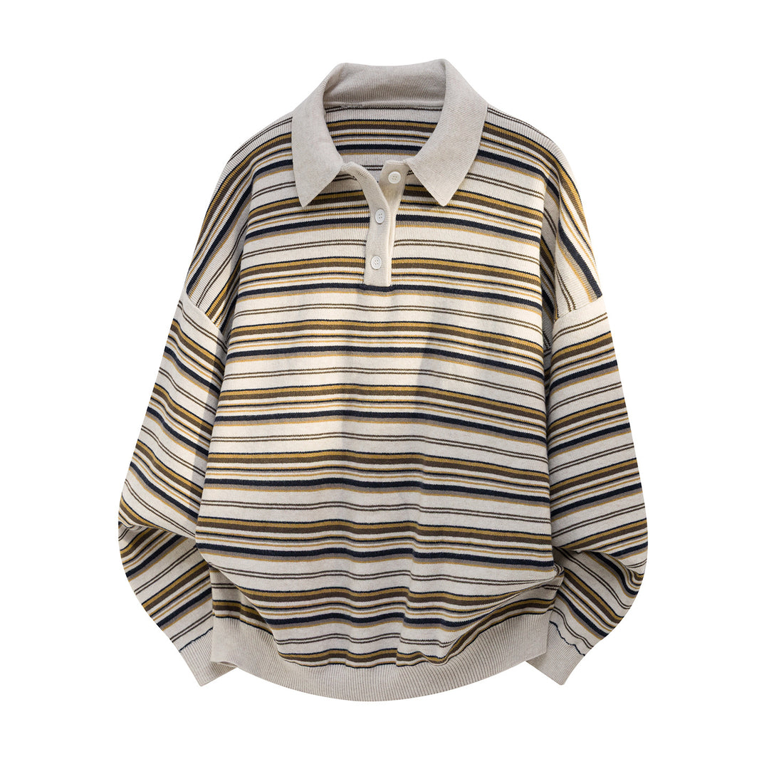 Unisex Oversize-Polo-Strickpullover mit feinem Streifenmuster und halber Knopfleiste Echo Archiv