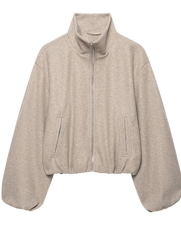 Damen Kurz geschnittene Wollmix-Jacke mit Stehkragen, Reißverschluss und Ballonärmeln Echo Archiv