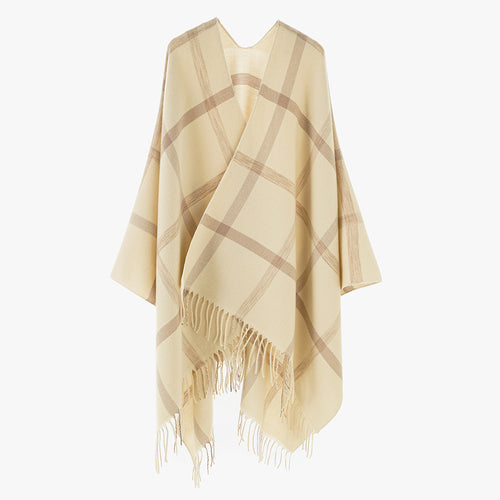 Damen Wollmix‑Überwurfponcho mit großem Karomuster und Fransensaum – Avérine