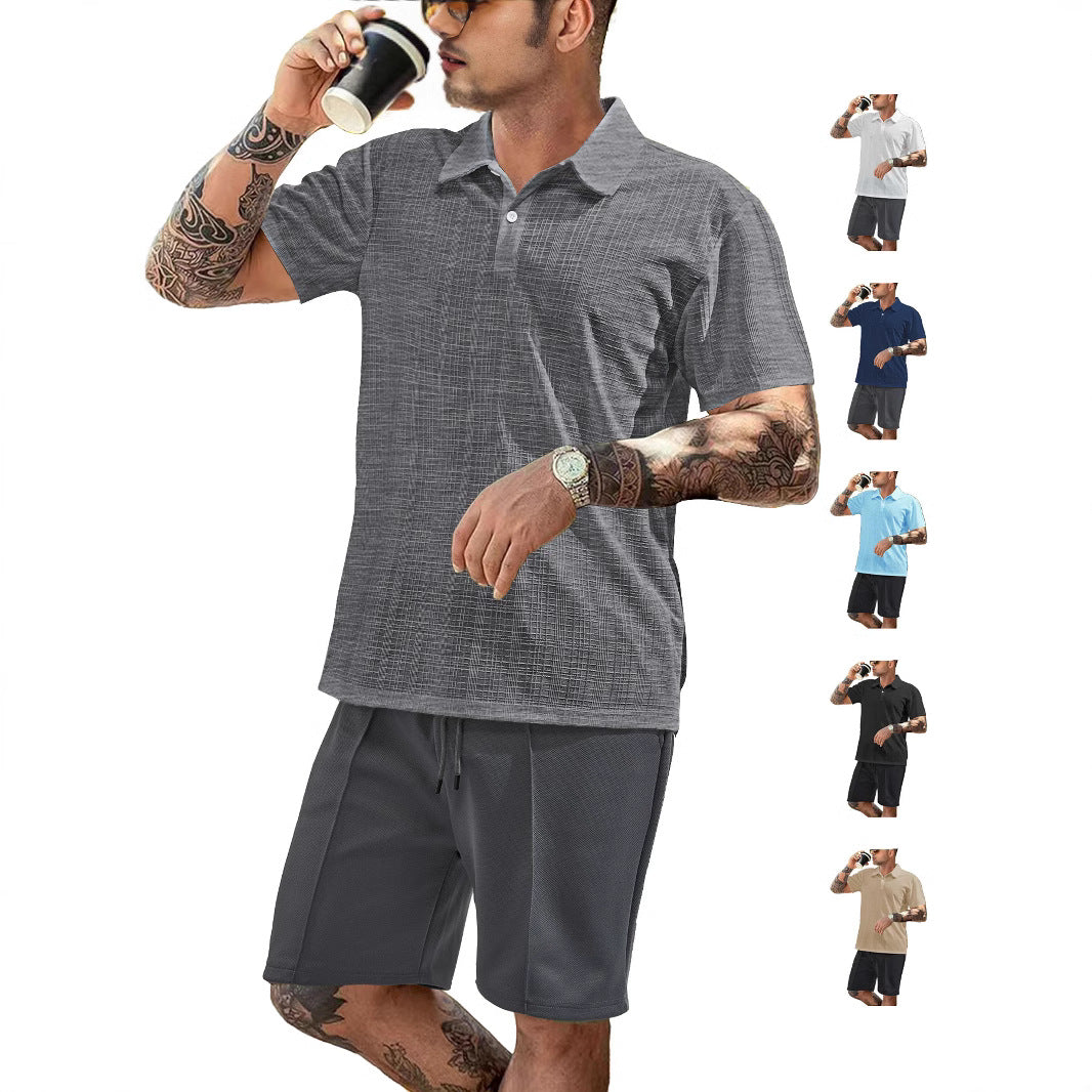 Herren nan zweiteiliges Sommer-Reise-Set mit texturiertem Kurzarm-Poloshirt und funktionalen Mesh-Shorts Echo Archiv